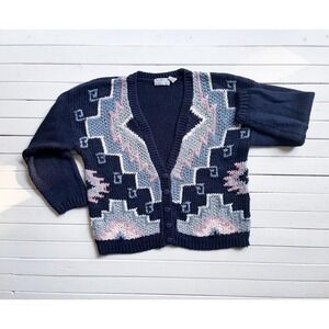 navy cardigan sweater 80s 90s vintage Maggie Lawrence blue Aztec grandpa sweater